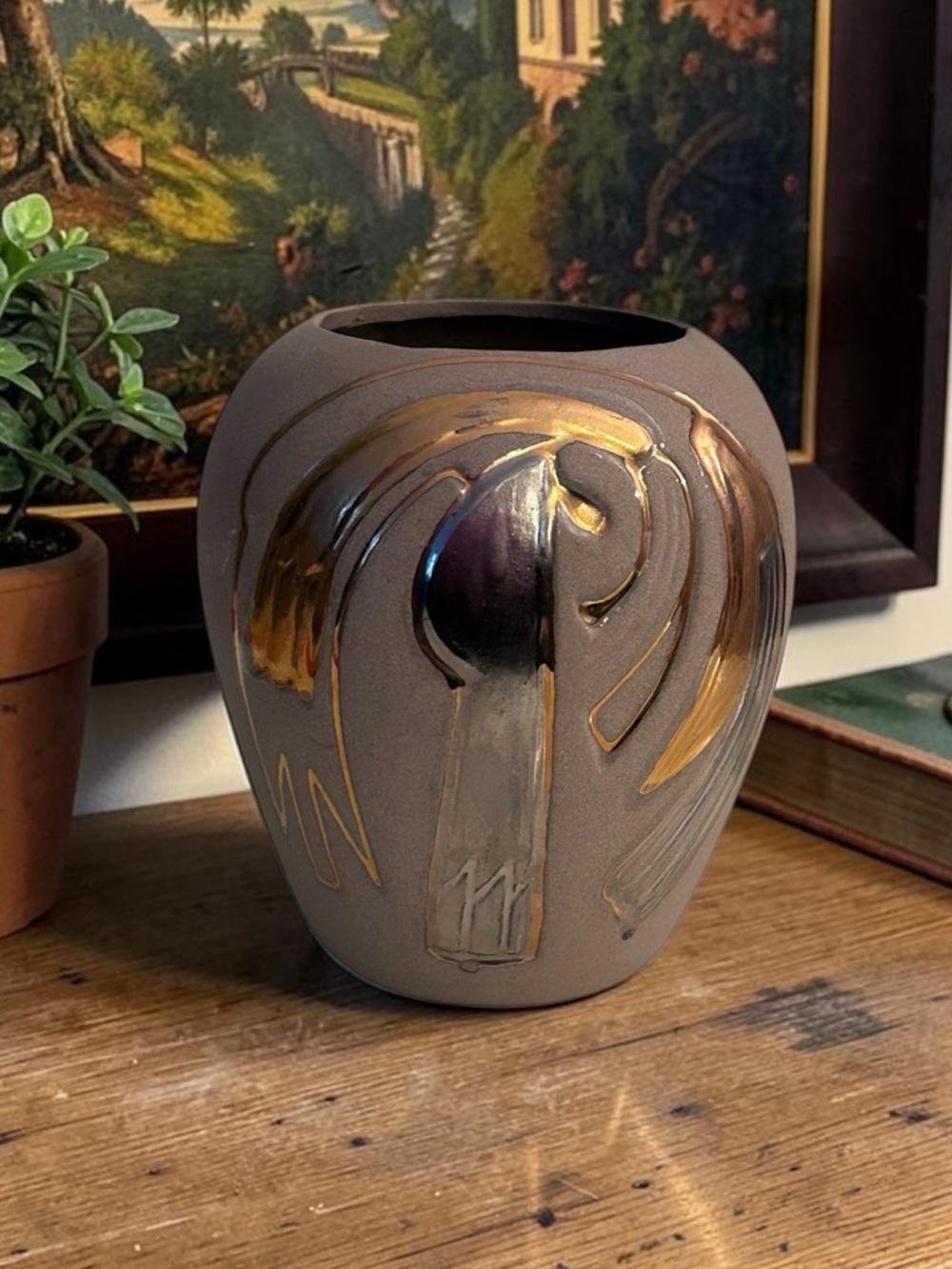 Handcrafted studio art pottery vase with 24k gold luster detailing